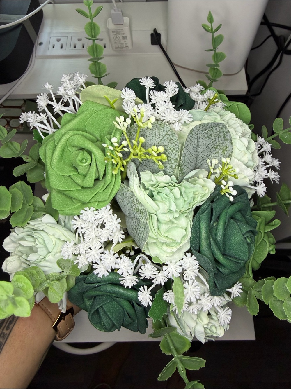Artificial Green and White Floral Bouquet - Elegant Home Accent